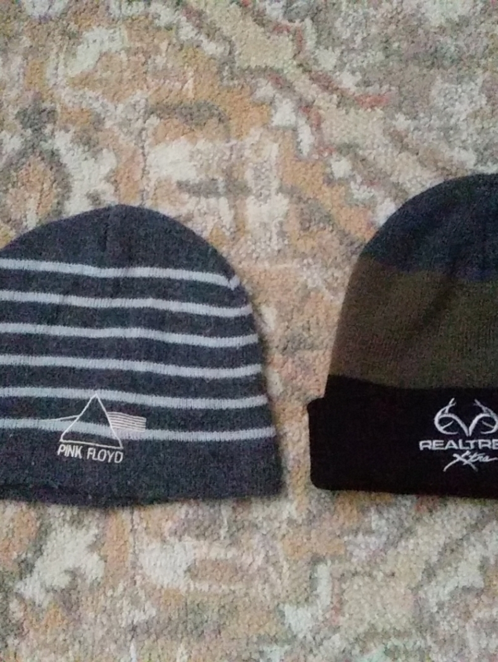 Lot 2 Pink Floyd Beanie Hat Cap Adult One Size Gray Striped Real Tree xtra Vtg